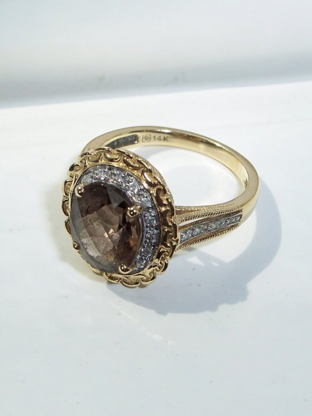 14K Yellow Gold Smoky Quartz & Diamond Halo Ring Women's Size 7 - Picture 10 of 12
